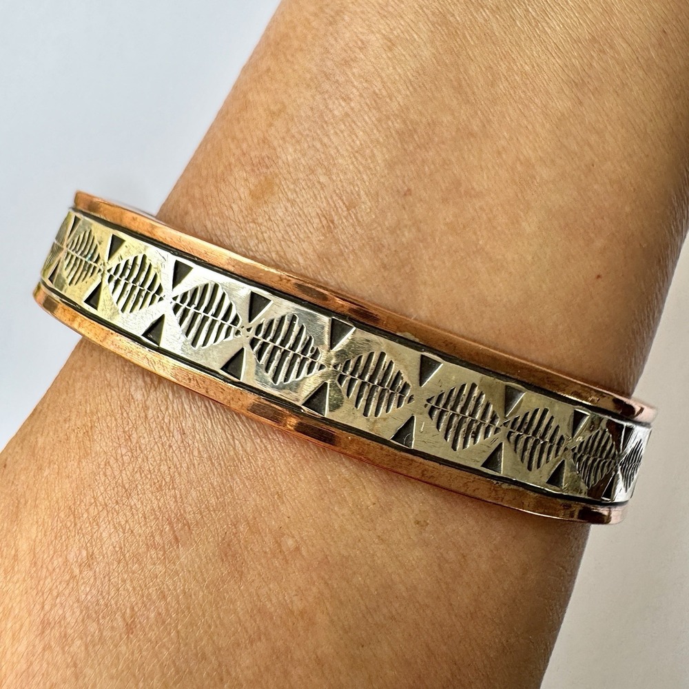 Mens Navajo Sterling Copper Cuff Bracelet 7.5in Signed Heavy 90g Native American